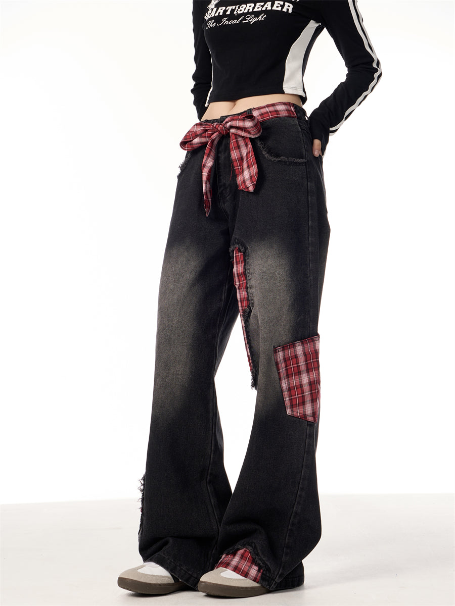 Bowknot Loose Sweet Cool Plaid Stitching Jeans Women's Straight Wide Leg Pants Black MuddyStock