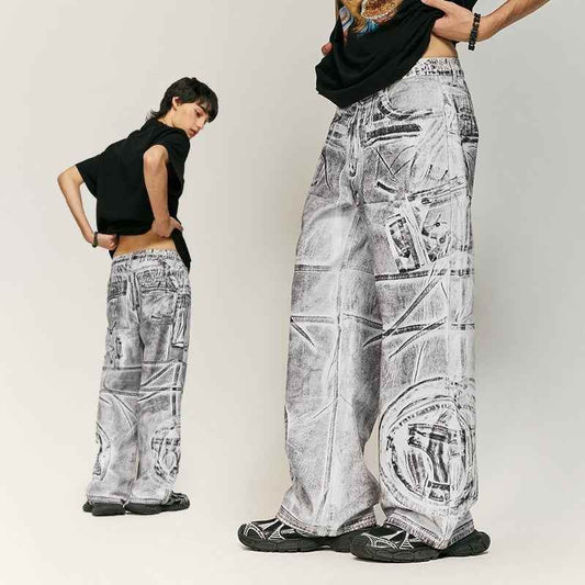 Stitching Brush Color Digital Printing Jeans Loose-fitting Wide-leg Trousers MuddyStock