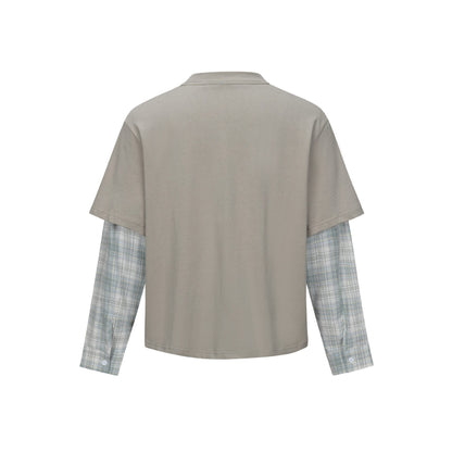 Character Print Faux Two-Piece Plaid Spliced Long Sleeve T-Shirt for Men | MuddyStock Originals