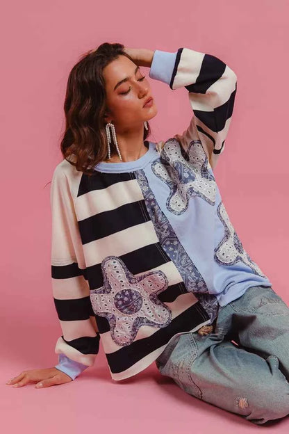 Patchwork Striped Round Neck Sweatshirt For Women Trendsi
