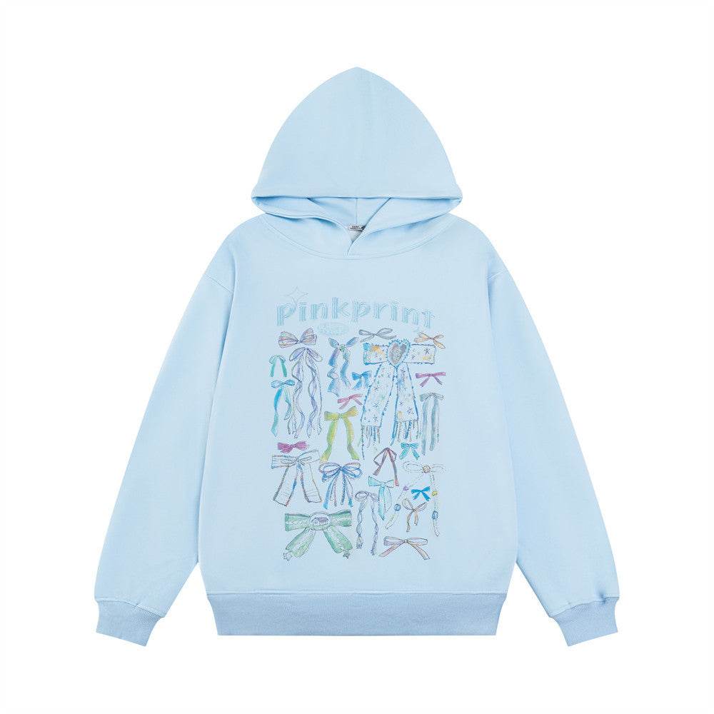 Bow Graffiti Printed Hoodie For Women Blue MuddyStock