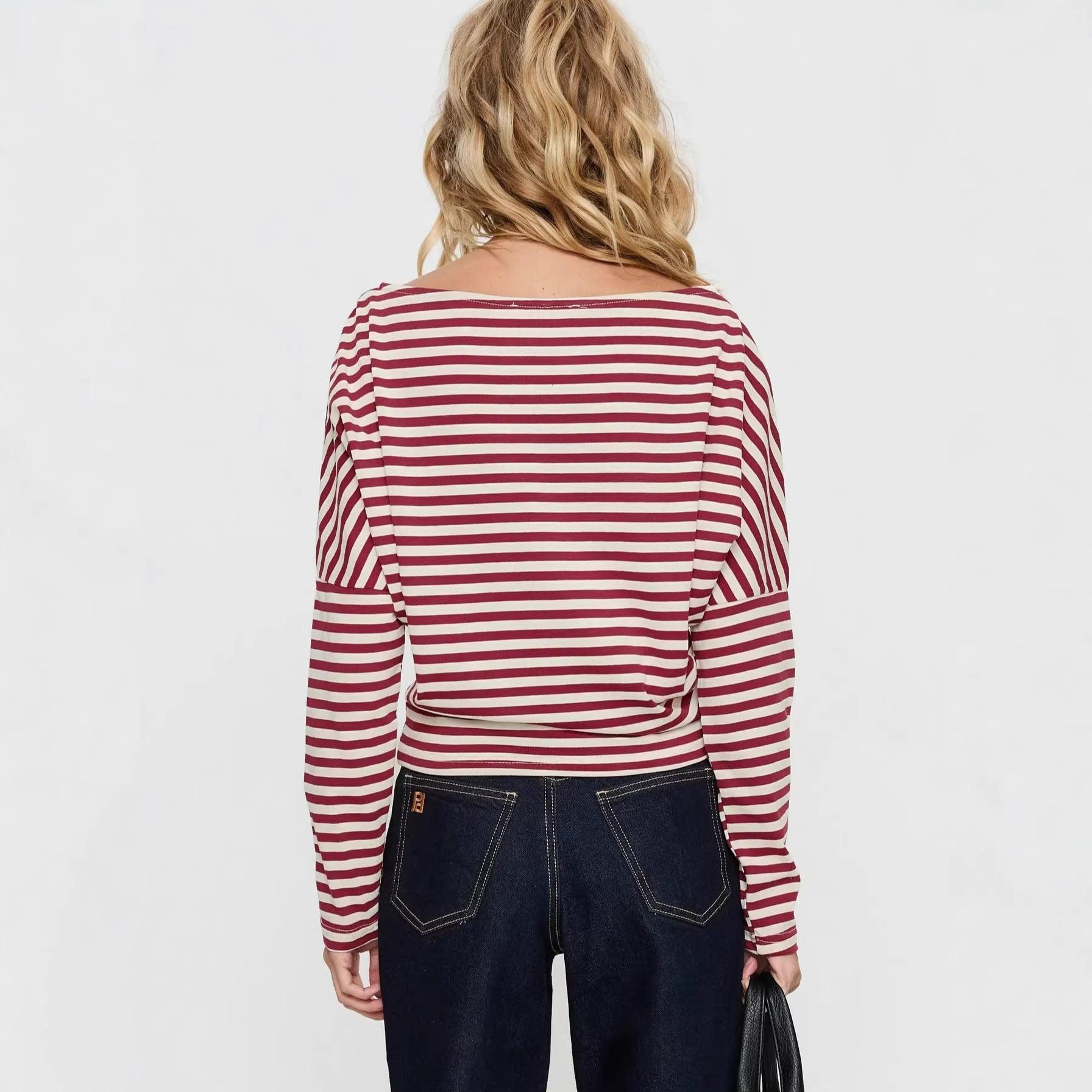 Women's Contrasting-Color Striped Slant-Neck Long-Sleeve Top