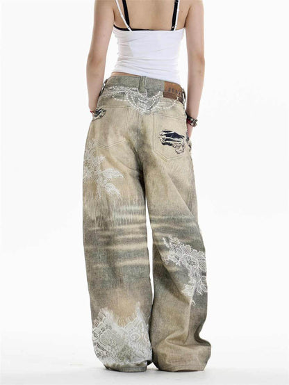 Cross Printed Jeans Women's Wide-leg Pants MuddyStock