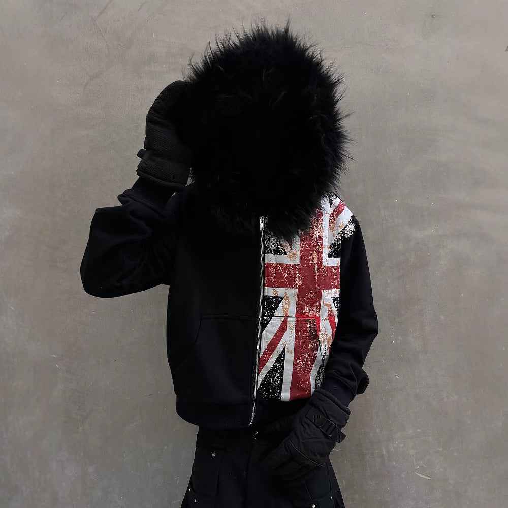 Fur Collar Printed Zipper Hoodie For Men And Women MuddyStock