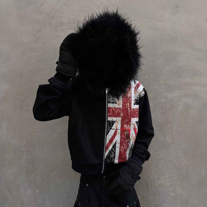 Fur Collar Printed Zipper Hoodie For Men And Women MuddyStock