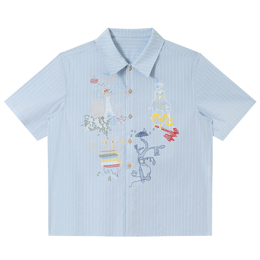 Graffiti printed striped short sleeved shirt for men and women | MuddyStock Originals Blue