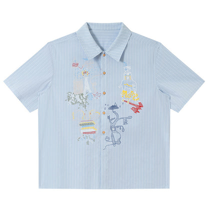 Graffiti printed striped short sleeved shirt for men and women | MuddyStock Originals Blue