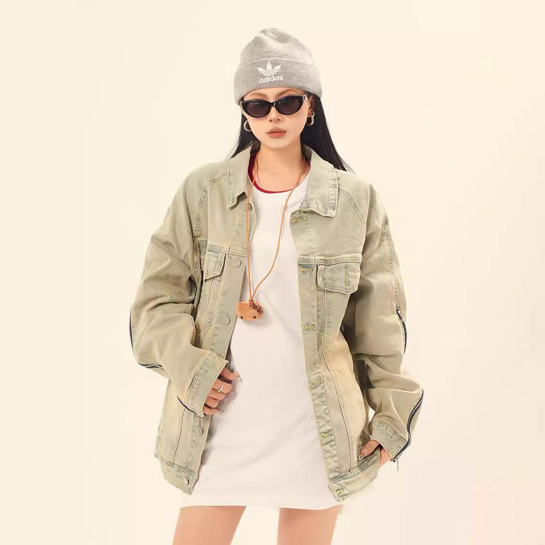 Washed and worn solid color zipper denim jacket for women | MuddyStock Originals MuddyStock