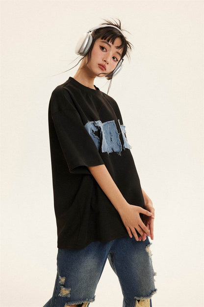 Letter Denim Patch Short Sleeve Clothing MuddyStock