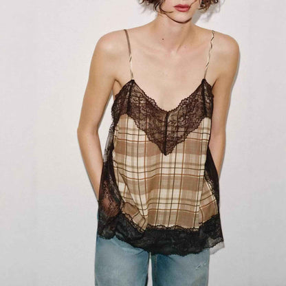 V-neck Plaid Lace Camisole Top