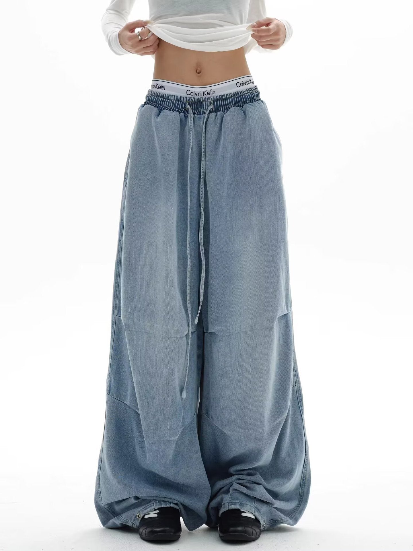 Street Style Pleated Elastic Waist Wide Leg Jeans | MuddyStock Originals CRBB297 Blue