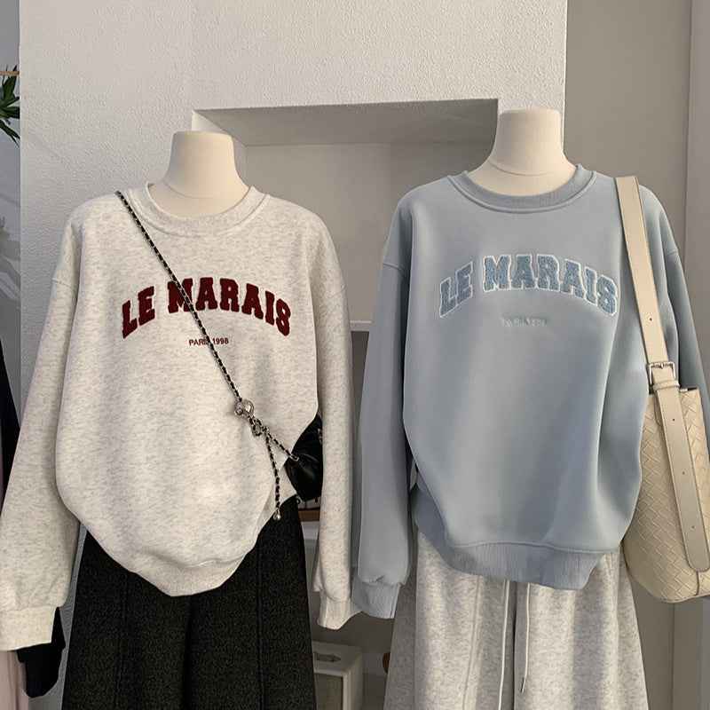 Round Neck Towel Embroidery Letter Fleece Long Sleeve Sweatshirt Loose Warm Hooded Top for Women eprolo