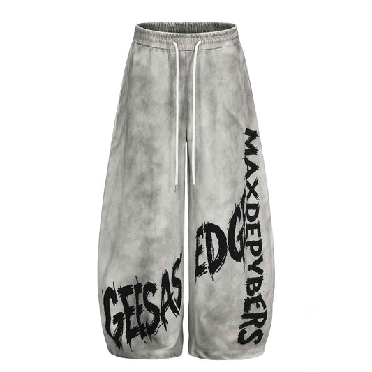 Tie-Dye Graffiti Distressed Loose Drapey Wide Leg Elastic Drawstring Casual Sweatpants For Men | MuddyStock Originals Dirty White
