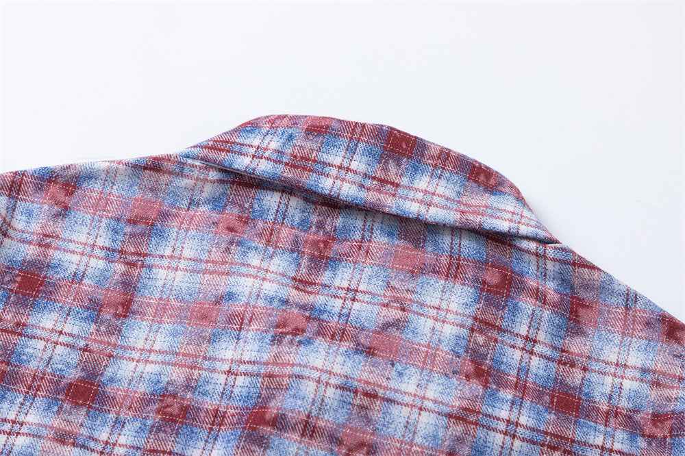 Distressed Washed Plaid Long-sleeved Shirt For Men And Women null