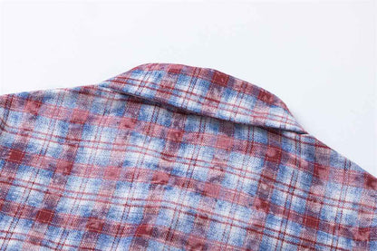 Distressed Washed Plaid Long-sleeved Shirt For Men And Women null