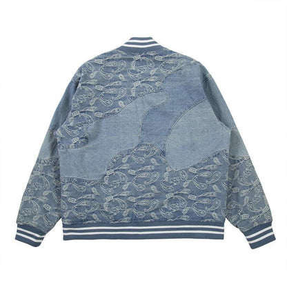 Torn Patchwork Cashew Flower Denim Jacket For Men And Women null
