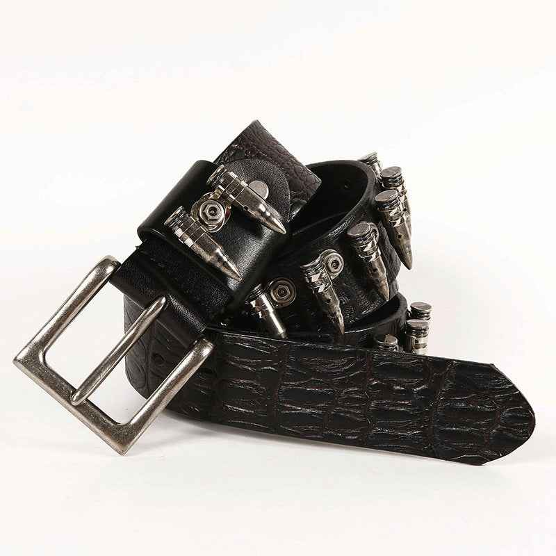 New Hip Hop Punk Rock Metal Bullet Inlaid Men's Belt Black