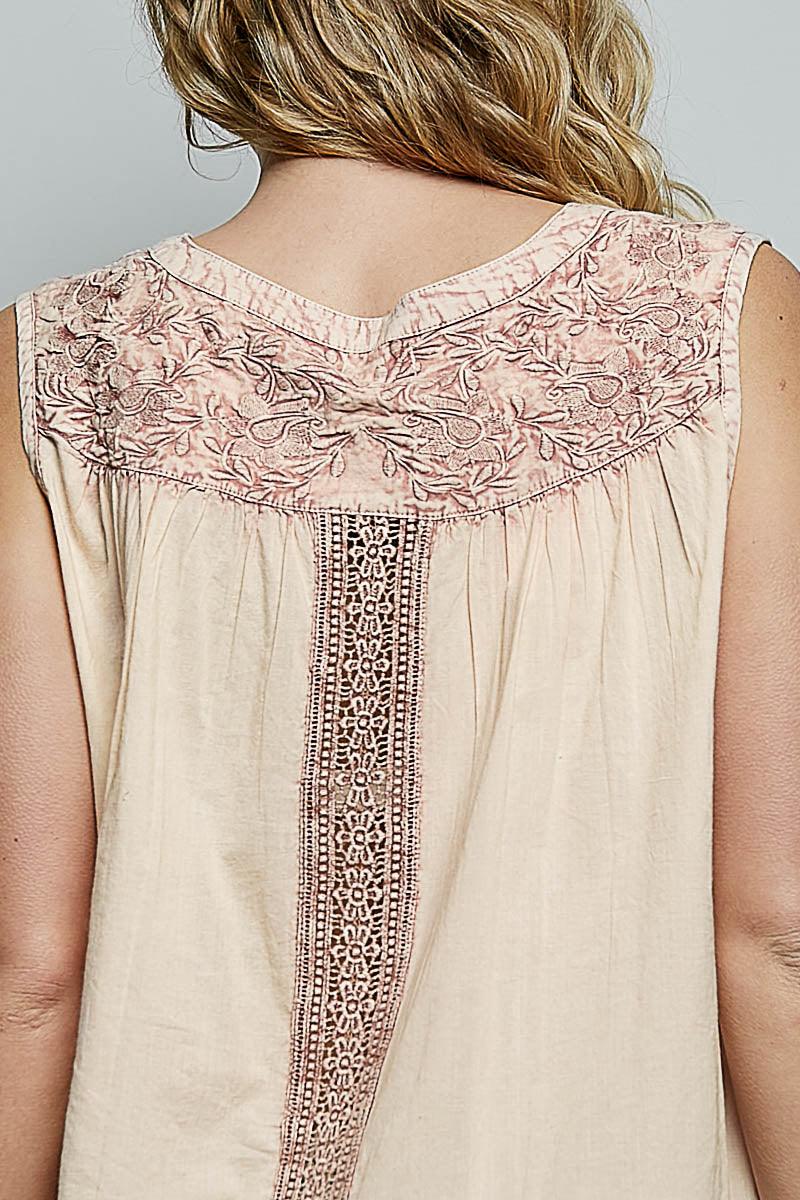 Button Down Round Neck Tank with Crochet Contrast