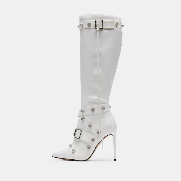Metal Leathern Pointed Stiletto High Heel Boot For Women White
