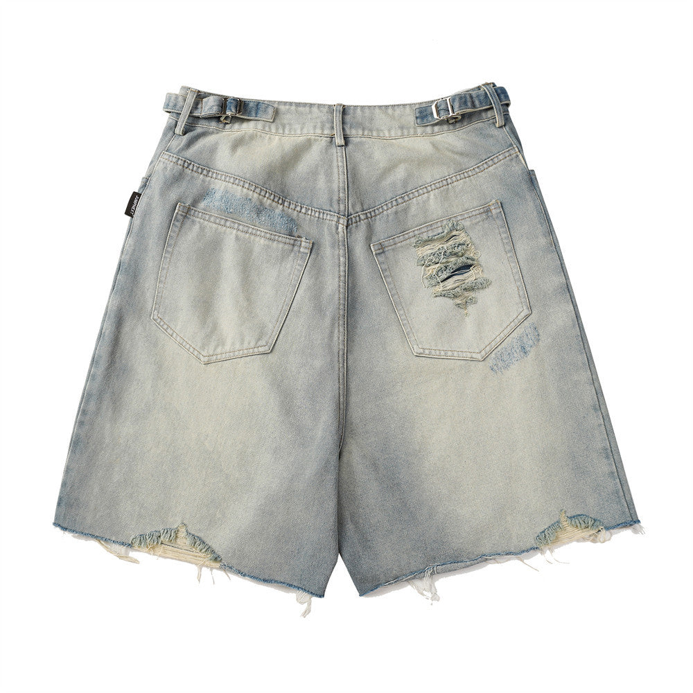 Heavy Distressed Washed Denim Shorts Men's Punk Frayed Hem Loose Straight Leg Five-Quarter Pants Summer
