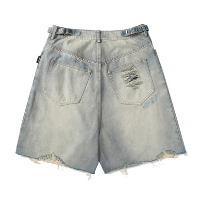 Heavy Distressed Washed Denim Shorts Men's Punk Frayed Hem Loose Straight Leg Five-Quarter Pants Summer