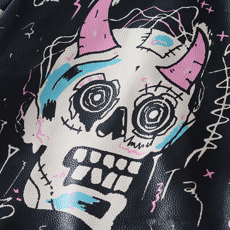 Graffiti Print Rivet Motorcycle Leather Jacket For Women