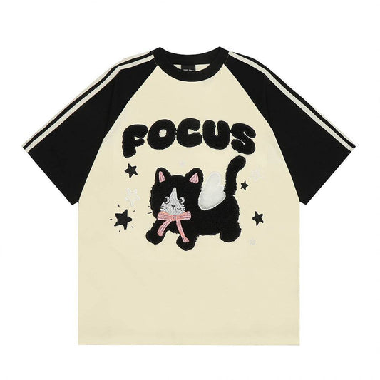 Cartoon Kitten Flocking Embroidered Short Sleeve For Men And Women MuddyStock