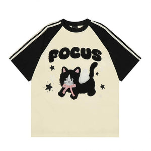 Cartoon Kitten Flocking Embroidered Short Sleeve For Men And Women Black And Apricot