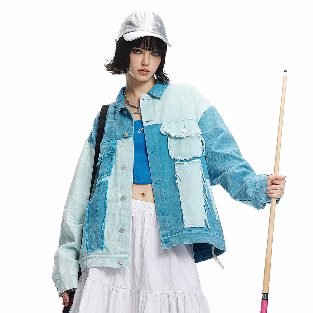 Irregular Color Contrast Patchwork Denim Jacket For Women MuddyStock