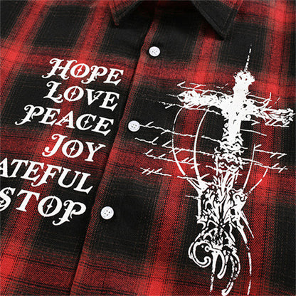 Oversized Plaid Long Sleeve Collared Shirt with Cross and Letter Print