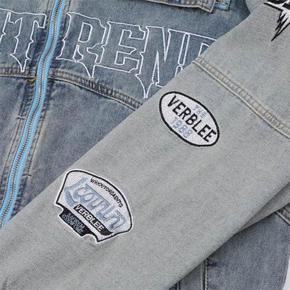 Men's Stitching Embroidered Letters Washed And Worn Zipper Denim Coat For Men And Women MuddyStock
