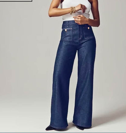 Women's Loose Leisure Washed-out Button Wide-leg Skinny Jeans Deep Blue Nine Points MuddyStock