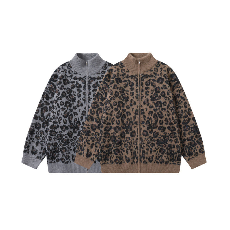 Leopard print stand up collar cardigan men's and women's knitted jacket