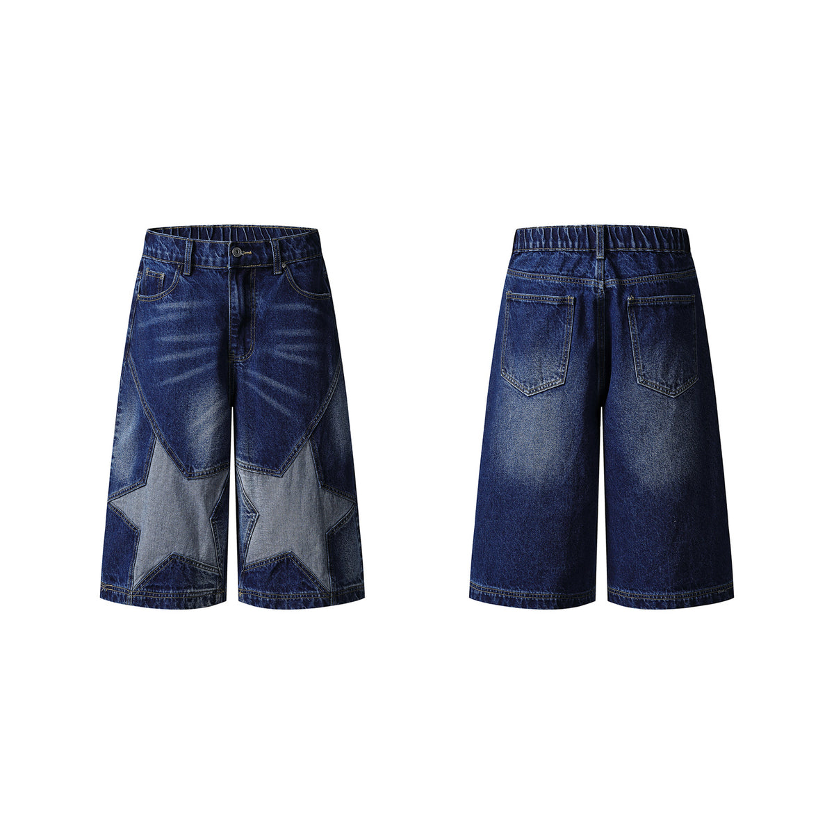 Street Washed Retro Design Star Patchwork Seven-Quarter Denim Pants Unisex Cool Casual Shorts