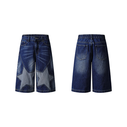 Street Washed Retro Design Star Patchwork Seven-Quarter Denim Pants Unisex Cool Casual Shorts