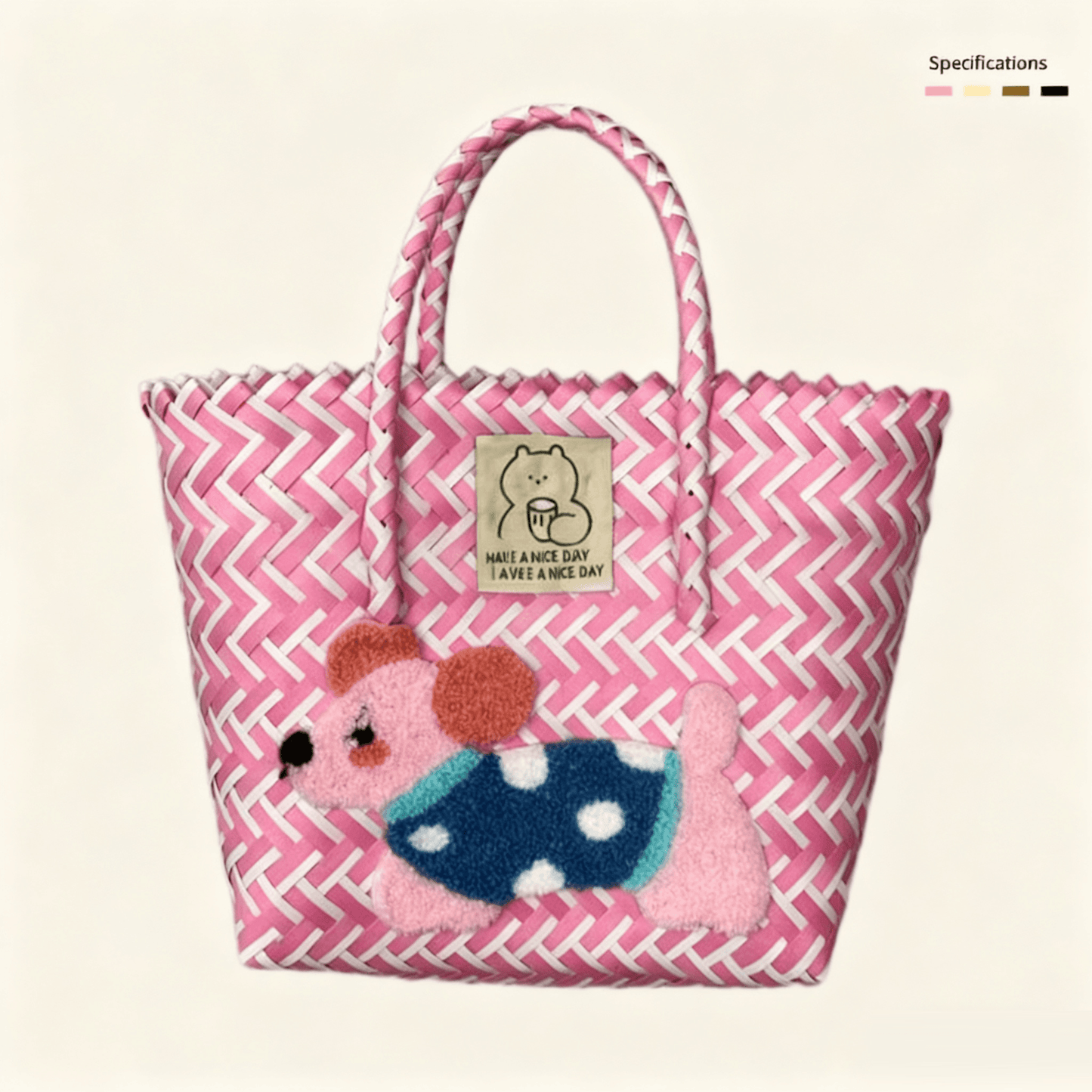Large capacity sausage dog hand woven cabbage basket bag Handheld - Pink and White Cute Puppy