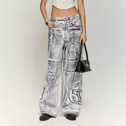Stitching Brush Color Digital Printing Jeans Loose-fitting Wide-leg Trousers MuddyStock