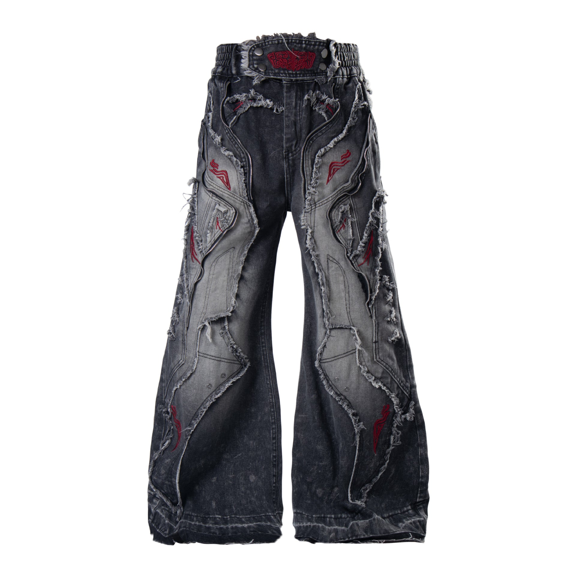 Distressed Raw-edge Embroidered Jeans For Women Black And Gray
