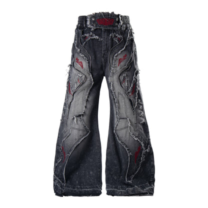 Distressed Raw-edge Embroidered Jeans For Women Black And Gray