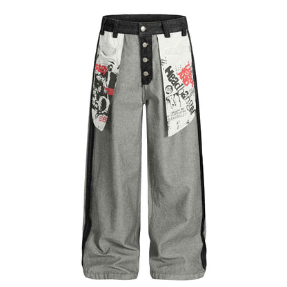 Street Style Printed Deconstructed Loose Fit Jeans For Men And Women Black and gray MuddyStock