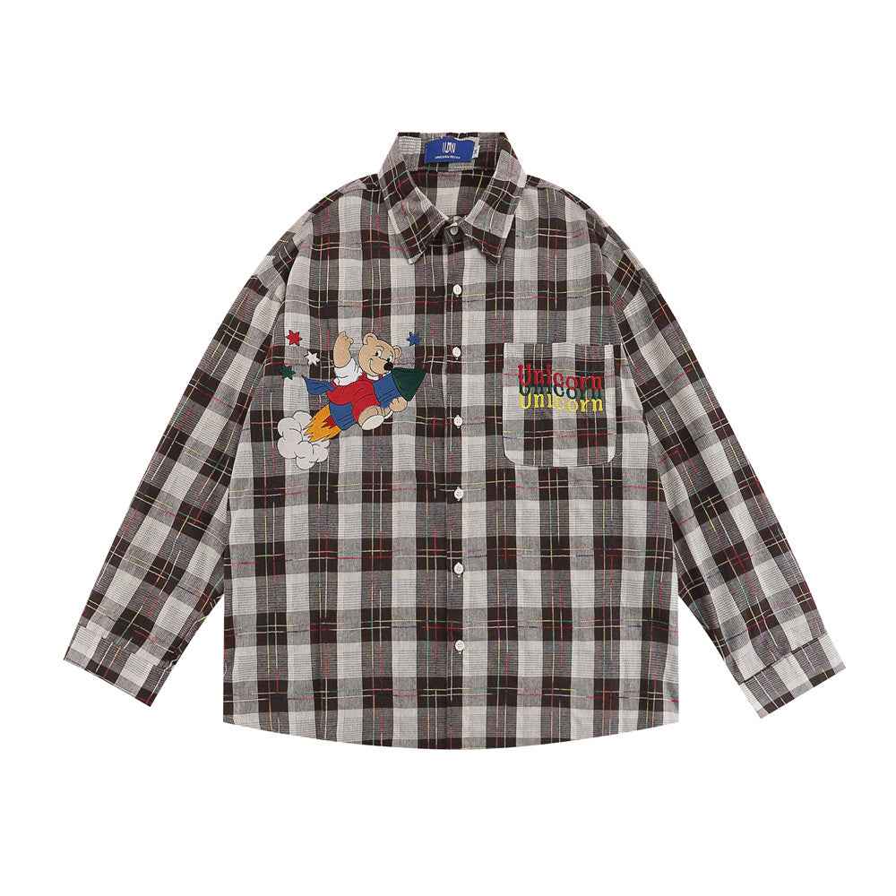 Cartoon Print Bear Lapel Long Sleeve Shirt For Men