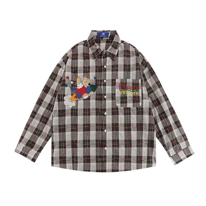 Cartoon Print Bear Lapel Long Sleeve Shirt For Men
