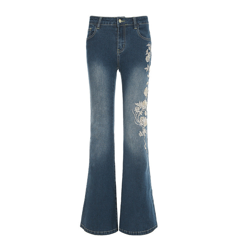 Rose embroidery retro gradient niche spicy jeans