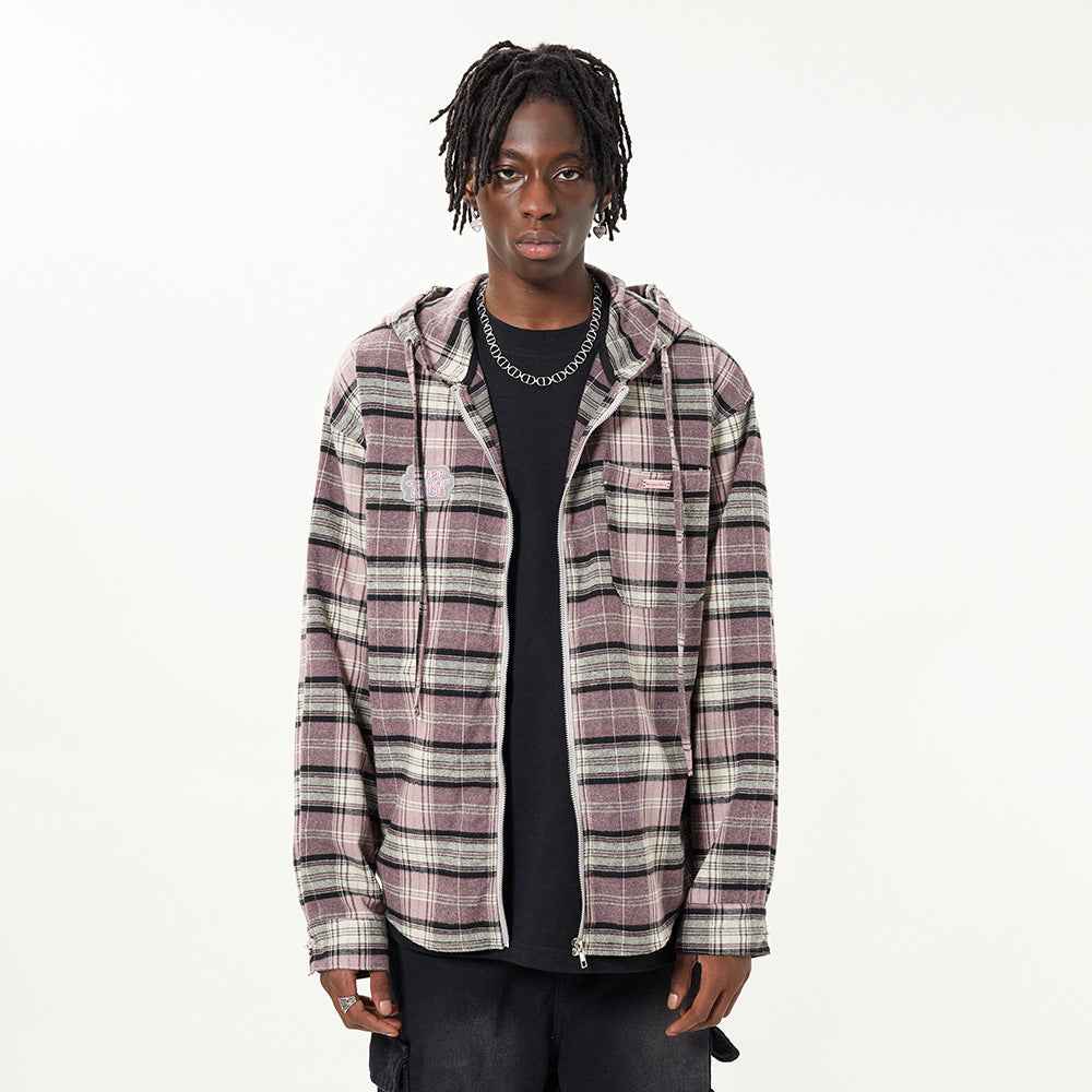 Striped Plaid Hooded Shirt For Men null