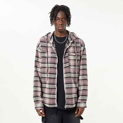 Striped Plaid Hooded Shirt For Men null