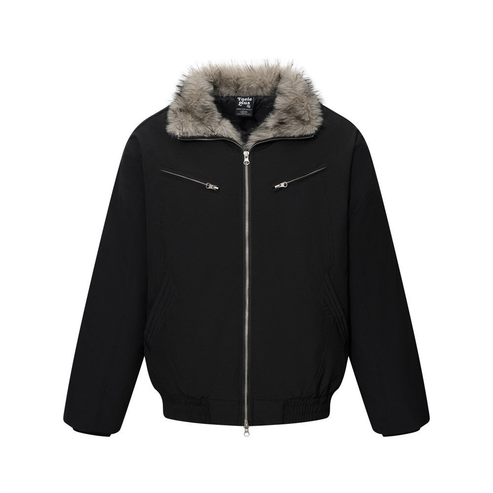 Men's Winter Padded Bomber Jacket with Two-Way Zipper and Faux Fur Collar Black