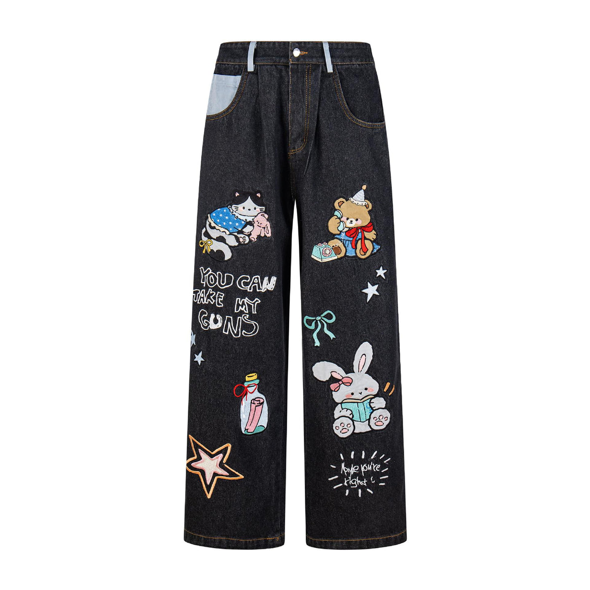 Animal patch patchwork wide leg jeans for women | MuddyStock Originals Black
