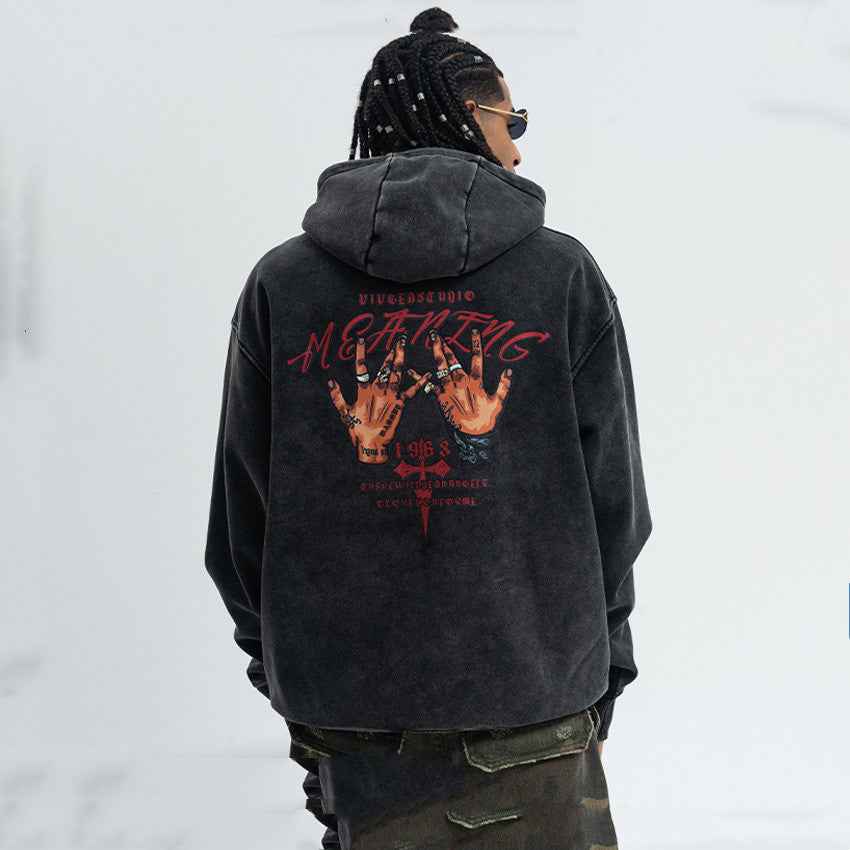 American Street Letter Printed Washed Distressed Hoodie For Men MuddyStock