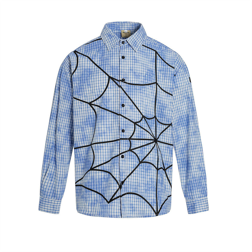 Unique Trendy Tie-Dye Plaid Long Sleeve Shirt for Men Vibe Design Spider Web Letter Print Shirt Blue