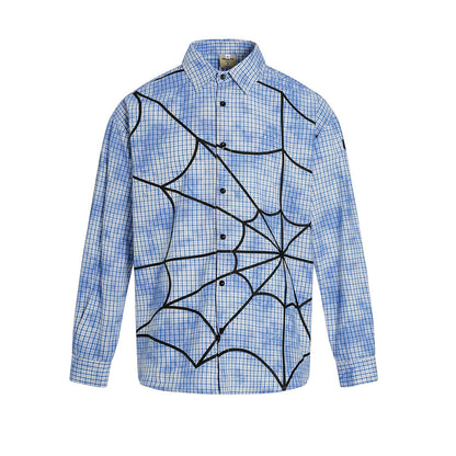 Unique Trendy Tie-Dye Plaid Long Sleeve Shirt for Men Vibe Design Spider Web Letter Print Shirt Blue